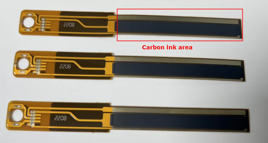 flexible circuit board with carbon ink applied onto the copper pad