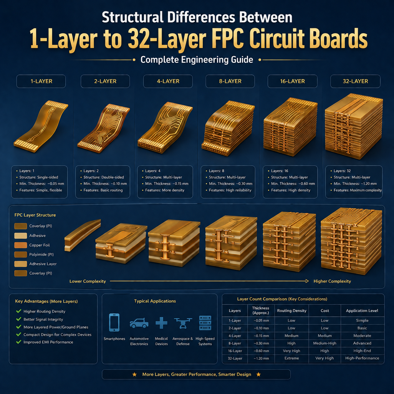 Structural Differences Between 1-Layer to 32-Layer FPC Circuit Boards: Complete Engineering Guide